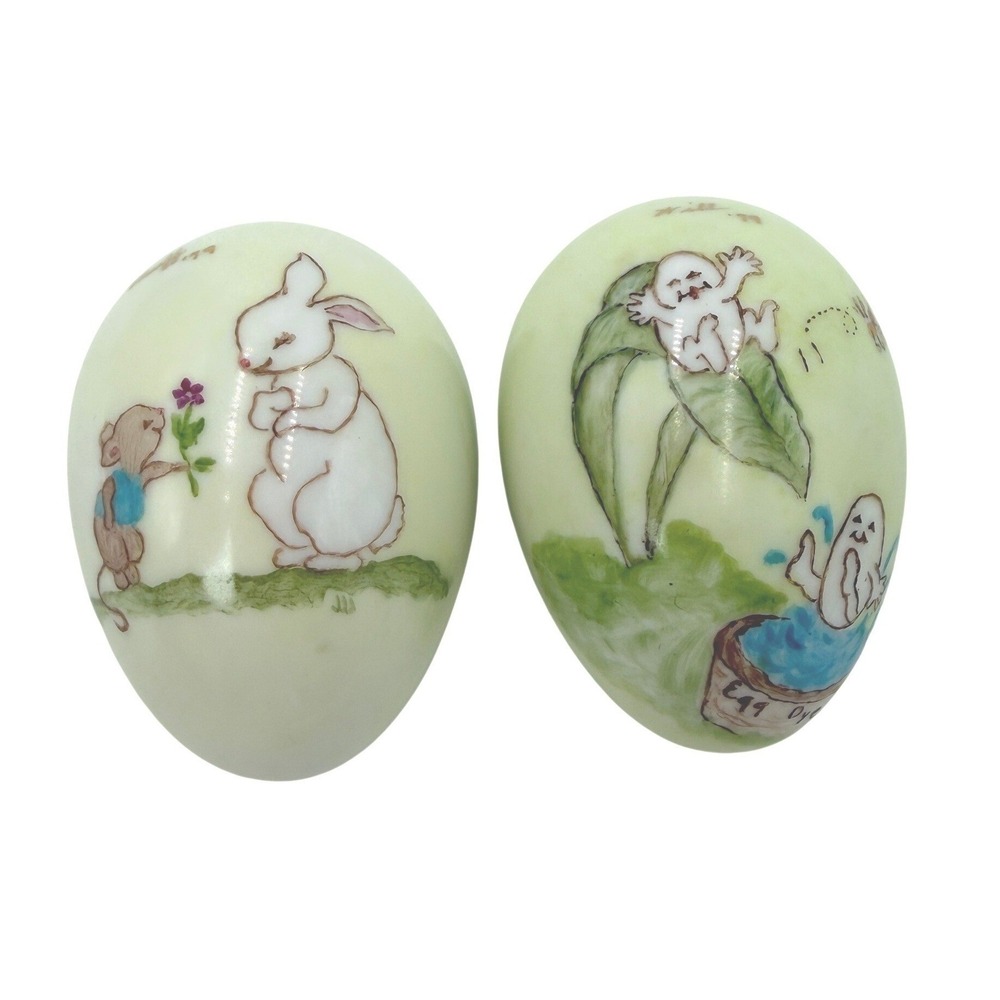 Vintage 1979 Hand Painted Ceramic Easter Eggs Bunny Set 2 - SIGNED